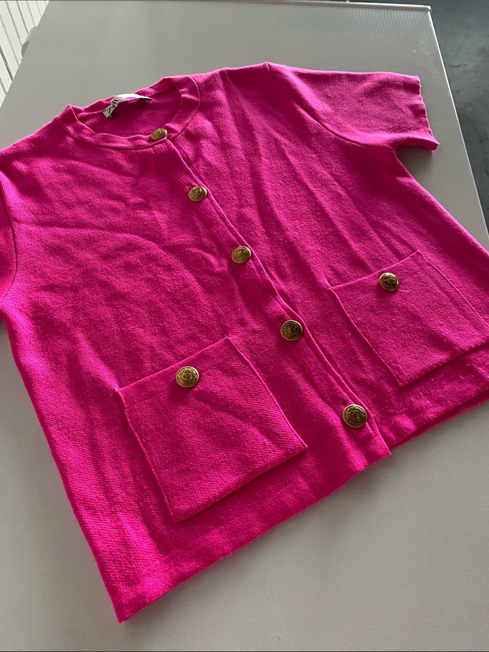 Zara Bright Pink Short Sleeve Button Cardigan. Hot pink with gold. Size medium.